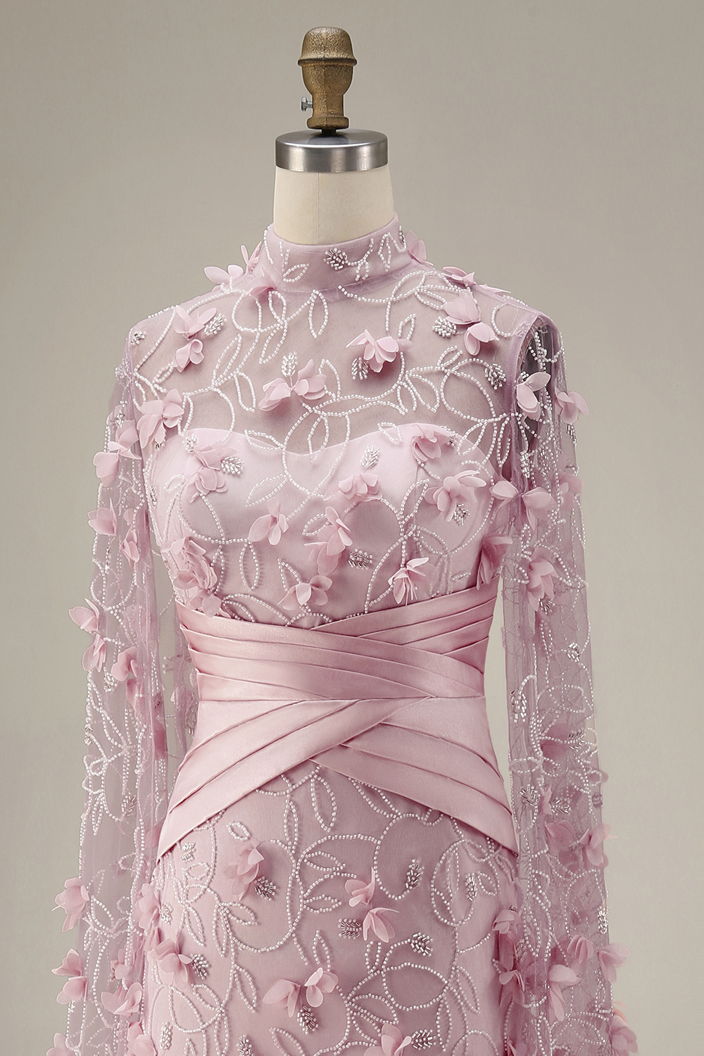 Mermaid Pink Ruched Floral Long Evening Dress with Cape