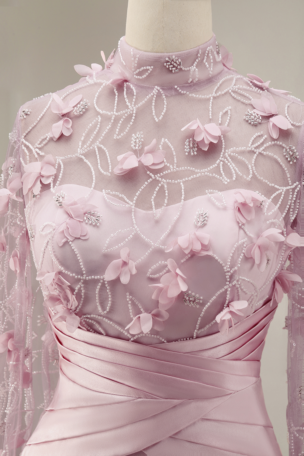 Mermaid Pink Ruched Floral Long Evening Dress with Cape