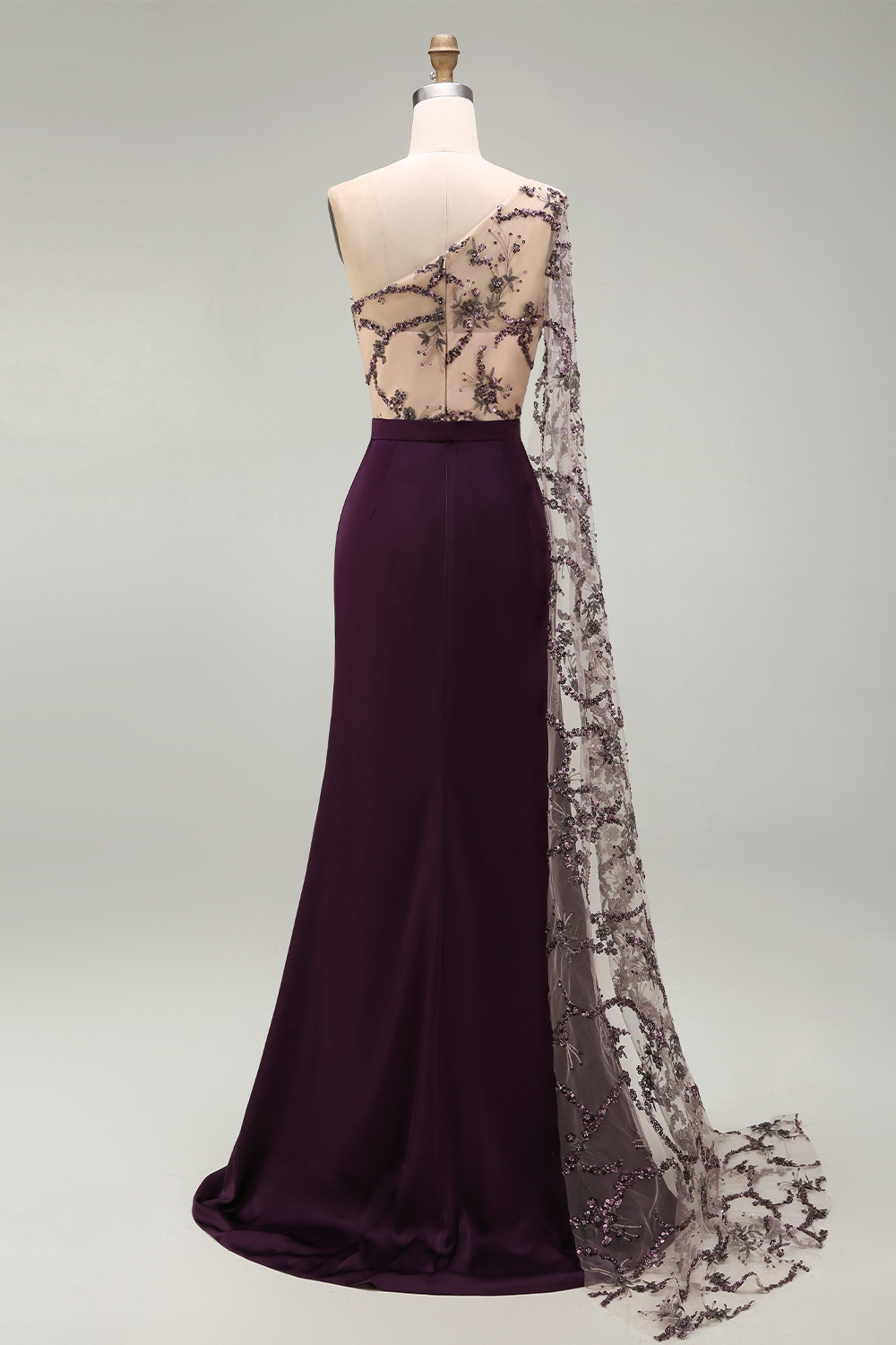 Sparkly Mermaid Dark Purple Floral Long Evening Dress with Side Cape