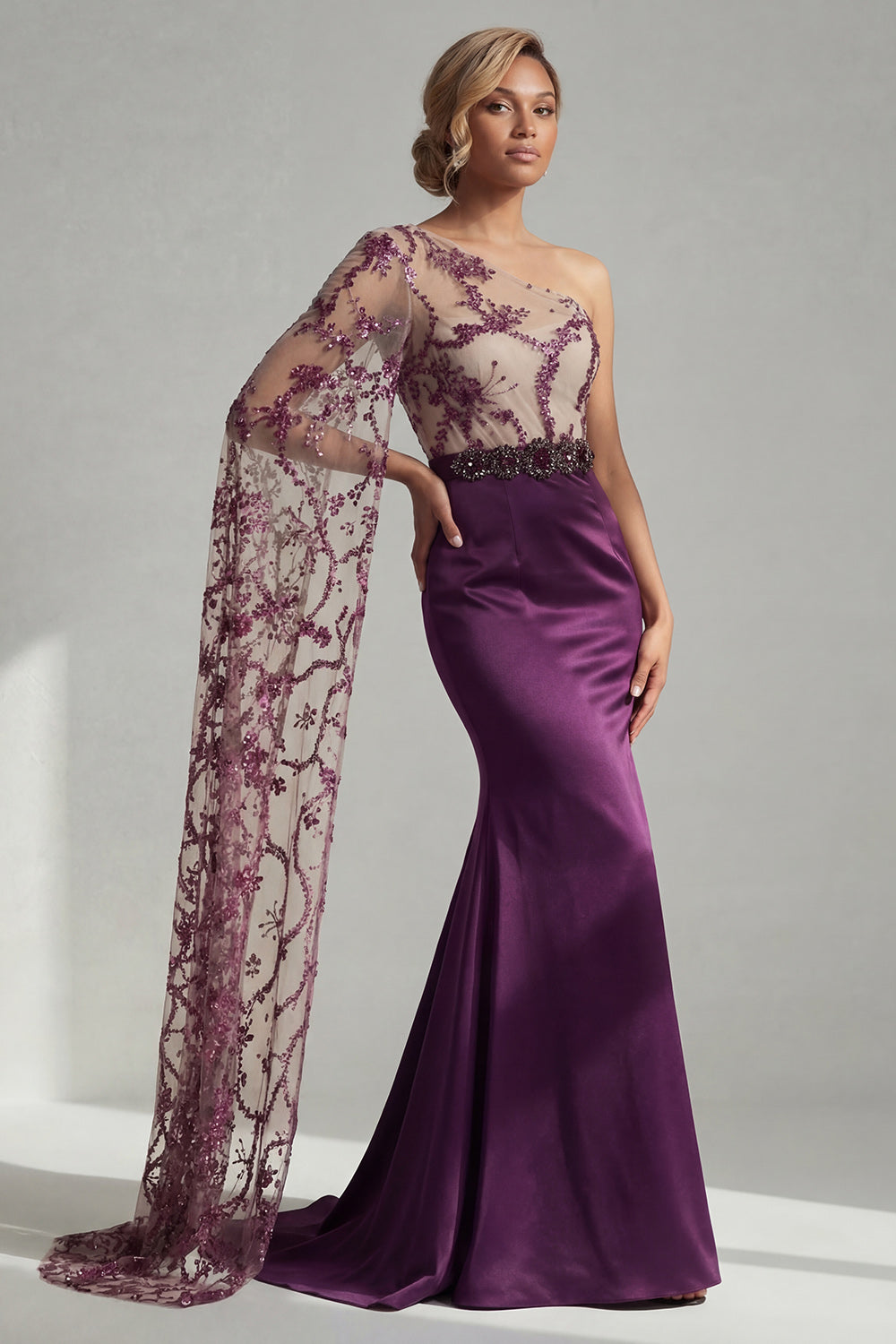 Sparkly Mermaid Dark Purple Floral Long Evening Dress with Side Cape