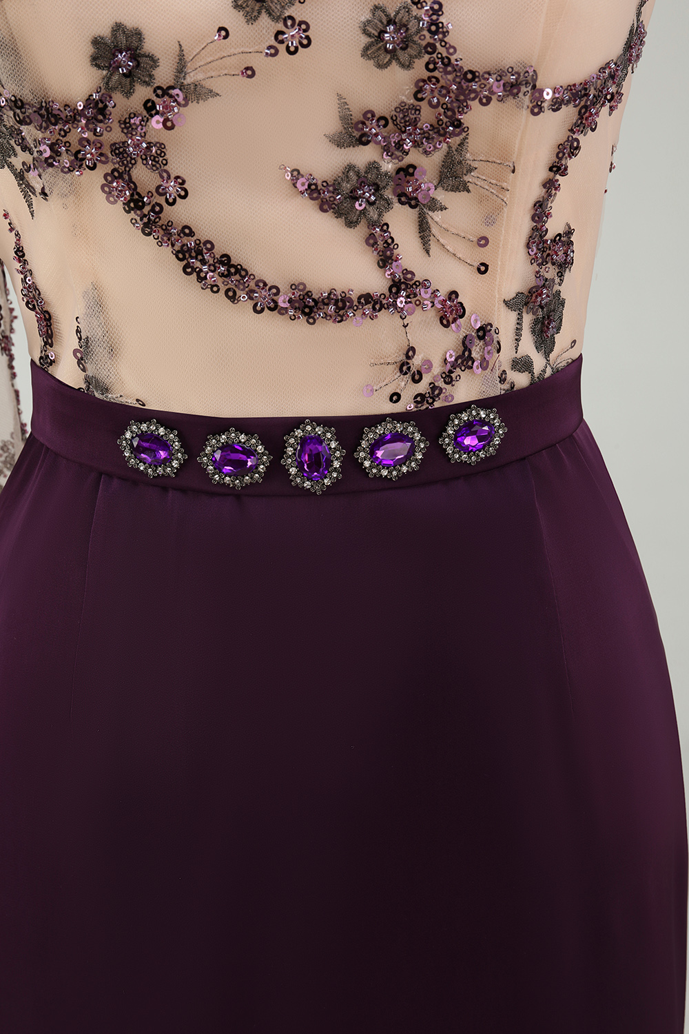 Sparkly Mermaid Dark Purple Floral Long Evening Dress with Side Cape