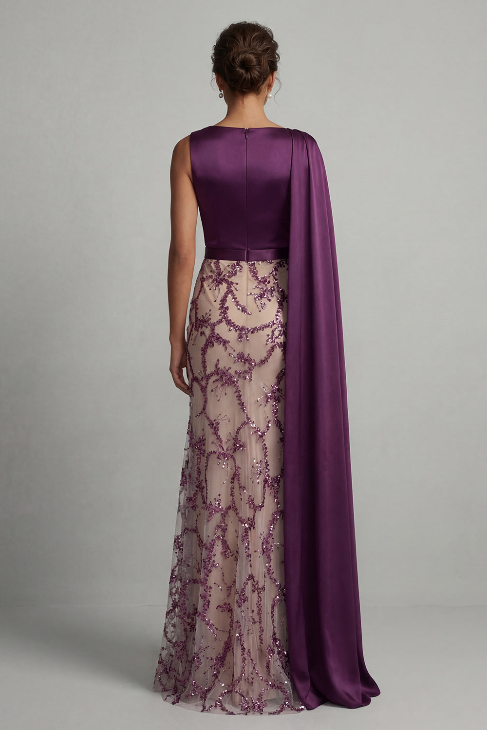 Sparkly Dark Purple Mermaid Long Evening Dress with Side Cape