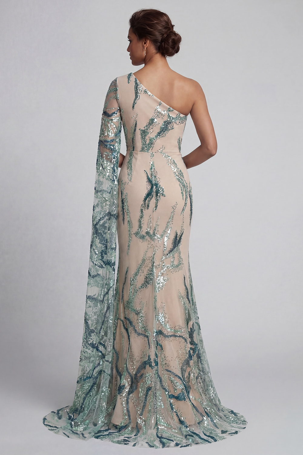 Sparkly Mermaid Light Blue Sequins Long Evening Dress with Side Cape