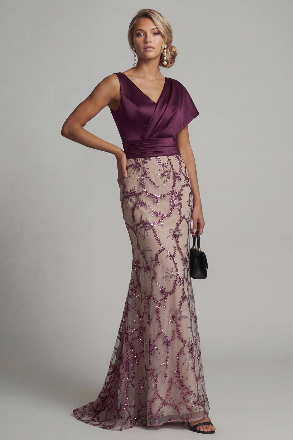 Sparkly Mermaid Dark Purple V Neck Long Evening Dress