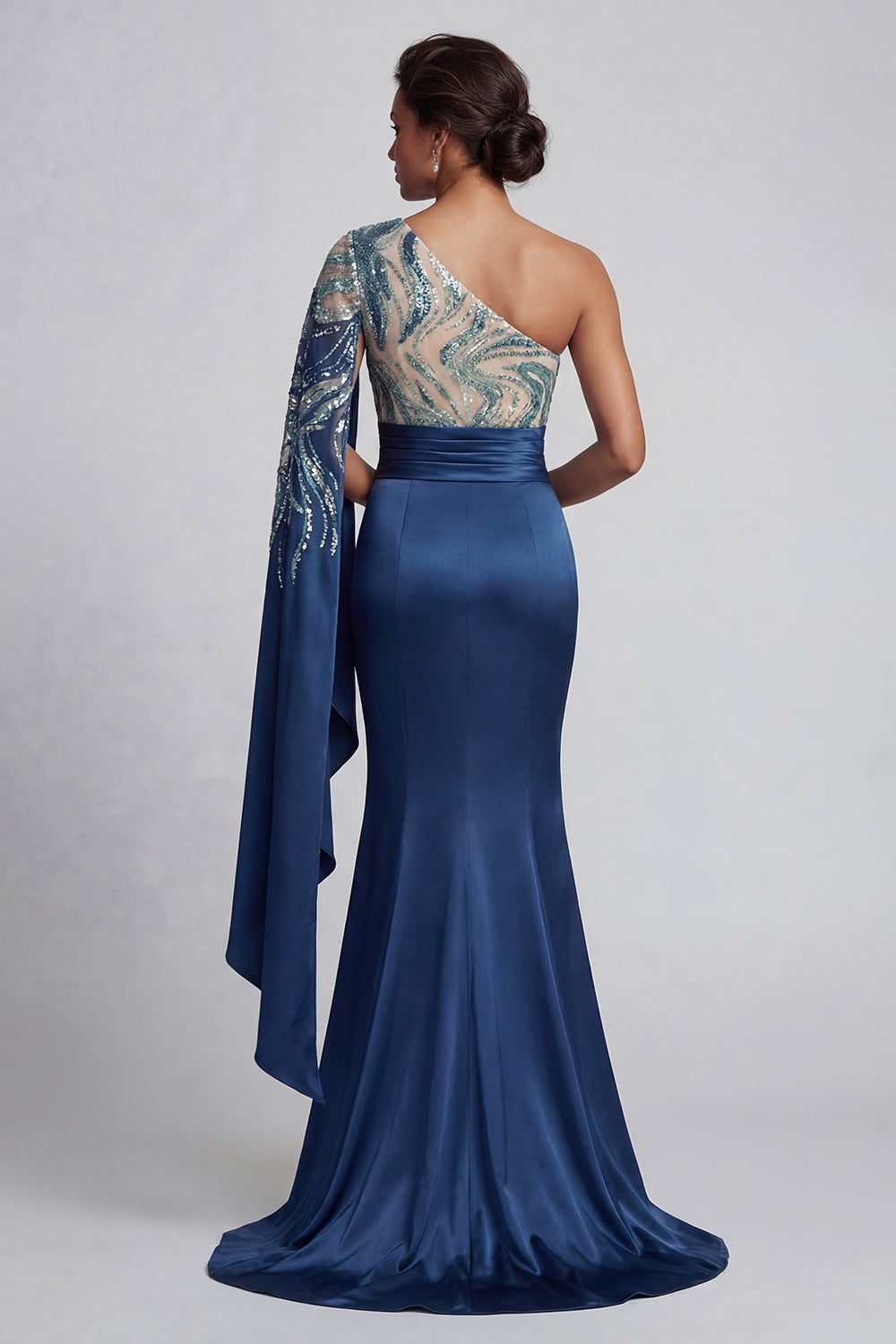 Sparkly Navy Mermaid Satin Long Evening Dress with Side Cape