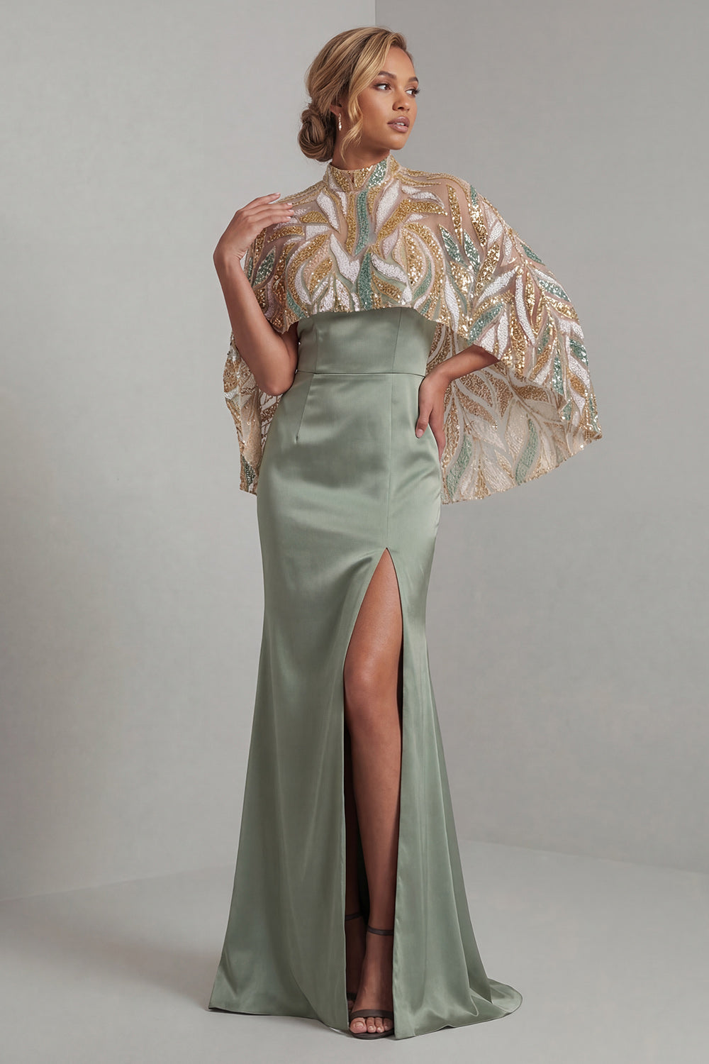 Sparkly Mermaid Light Green Satin Long Evening Dress with Cape