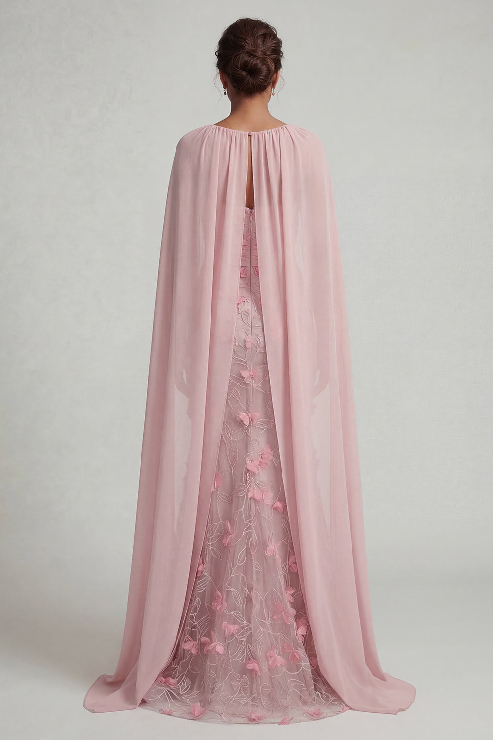 Pink Mermaid Strapless Floral Ruched Long Evening Dress with Shawl