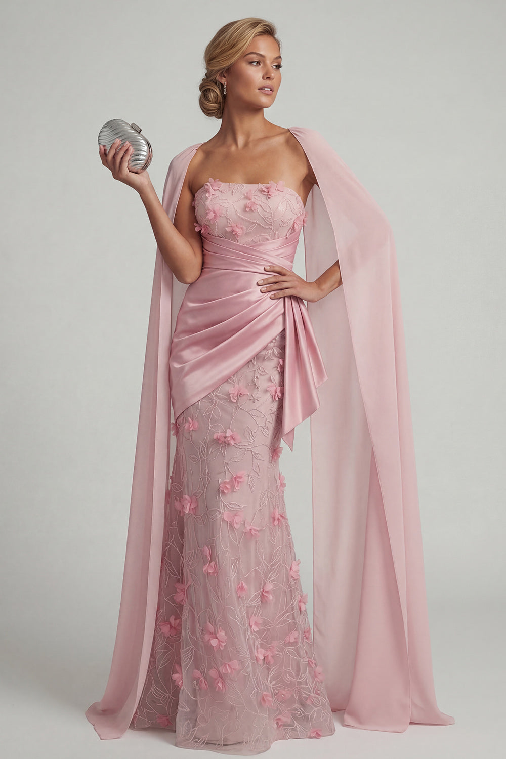 Pink Mermaid Strapless Floral Ruched Long Evening Dress with Shawl