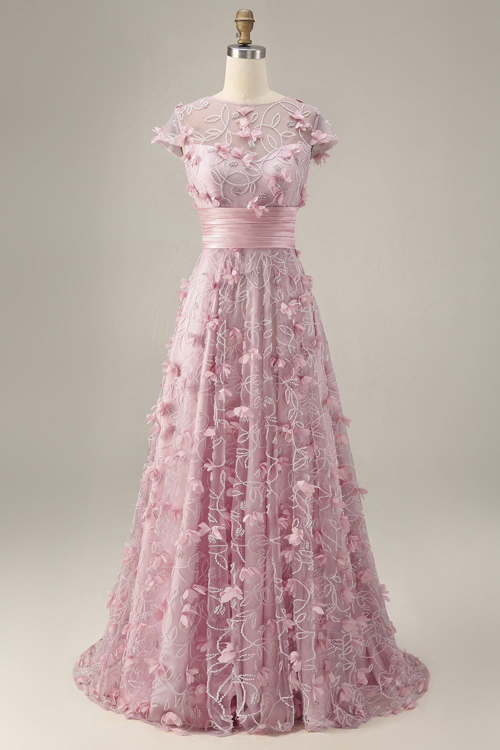 A Line Pink Floral Cap Sleeves Long Evening Dress