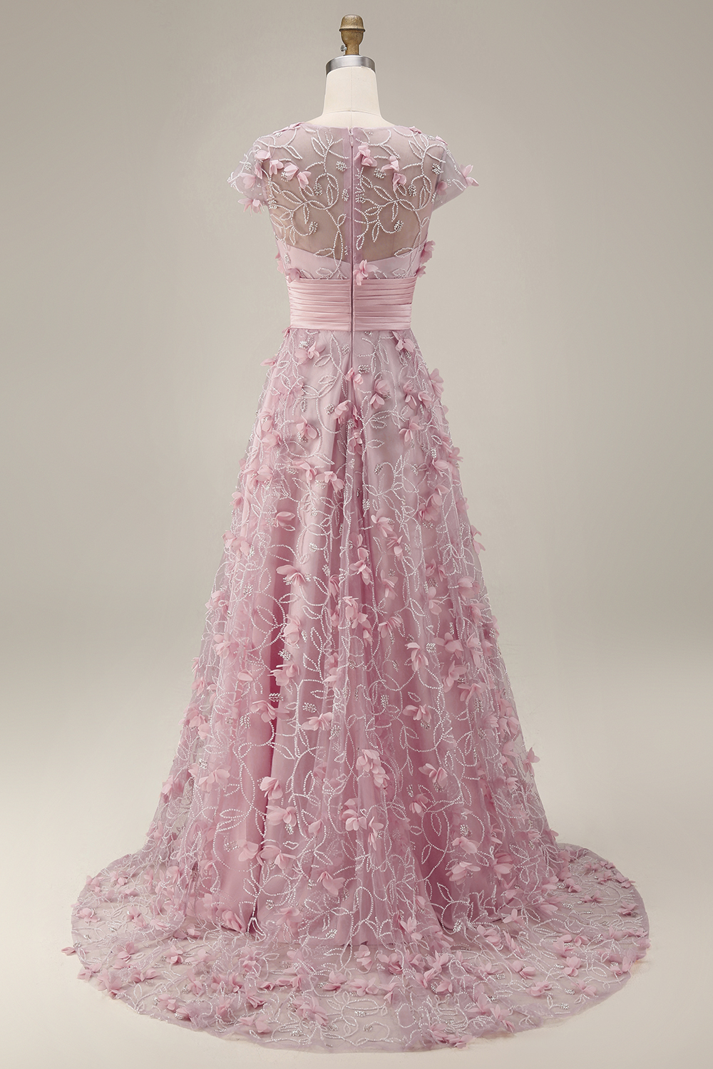 A Line Pink Floral Cap Sleeves Long Evening Dress