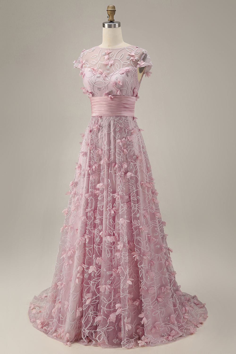 A Line Pink Floral Cap Sleeves Long Evening Dress