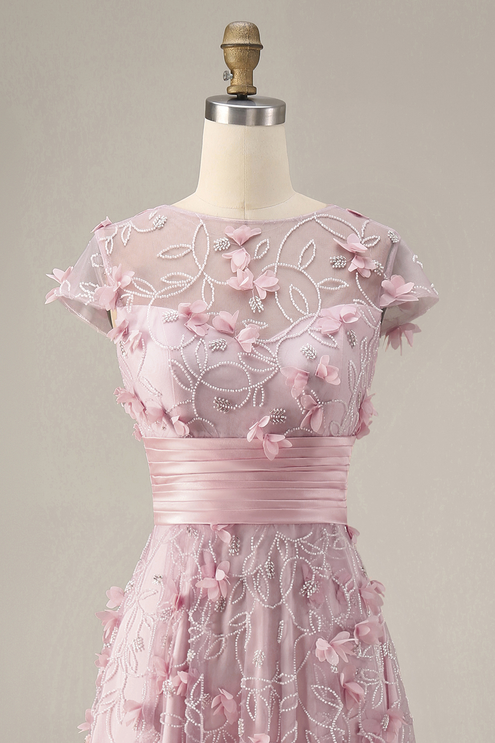 A Line Pink Floral Cap Sleeves Long Evening Dress