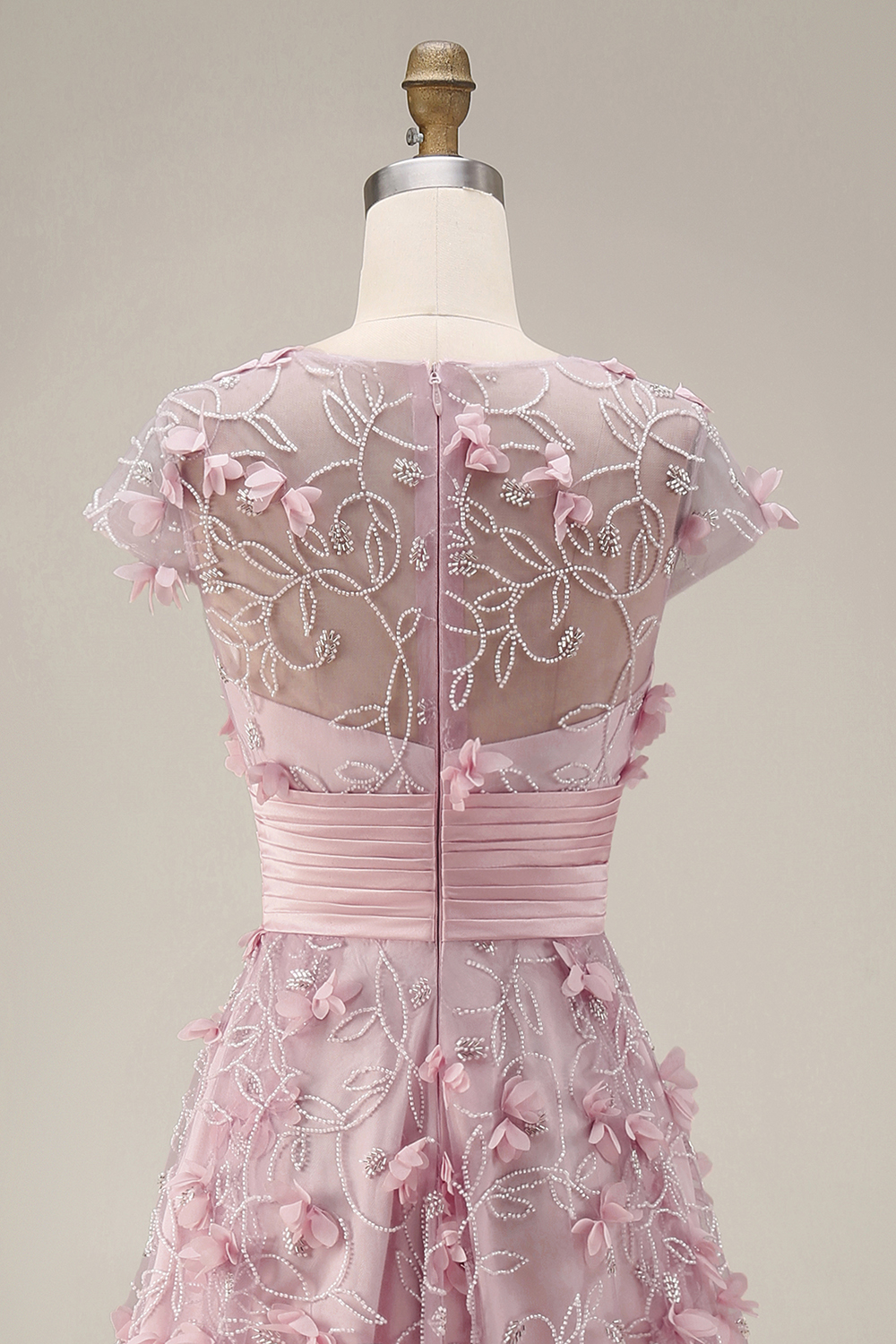 A Line Pink Floral Cap Sleeves Long Evening Dress