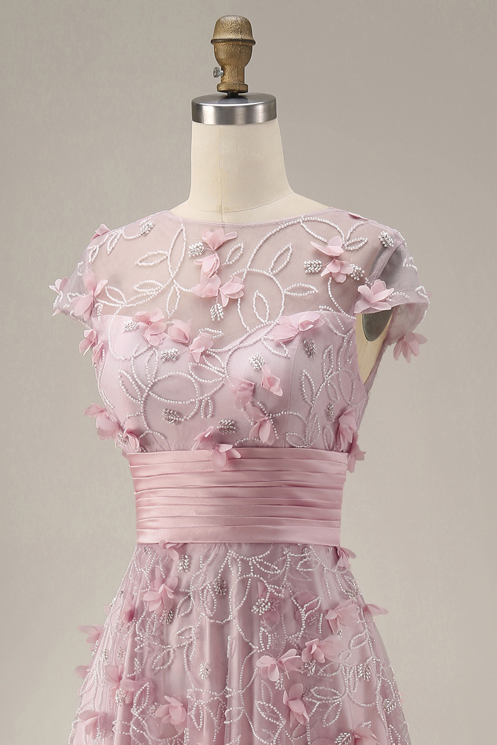 A Line Pink Floral Cap Sleeves Long Evening Dress