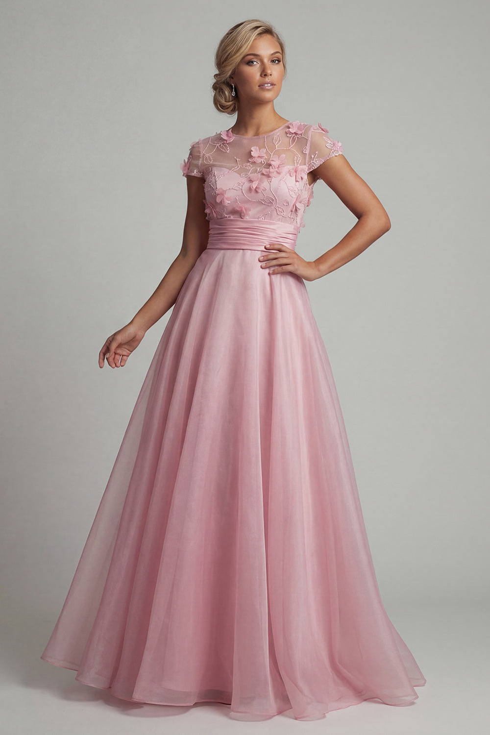 Pink Floral A Line Round Neck Long Evening Dress with Sleeves