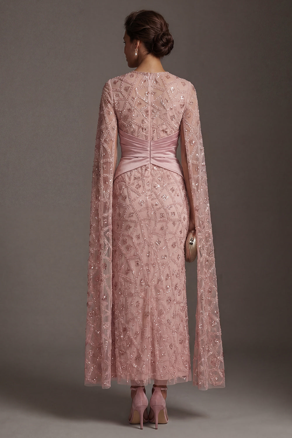 Sparkly Blush Mermaid Beaded Ruched Long Evening Dress with Cape