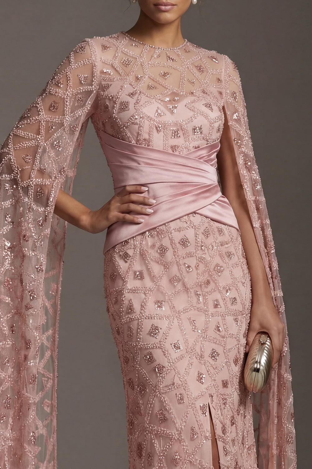 Sparkly Blush Mermaid Beaded Ruched Long Evening Dress with Cape