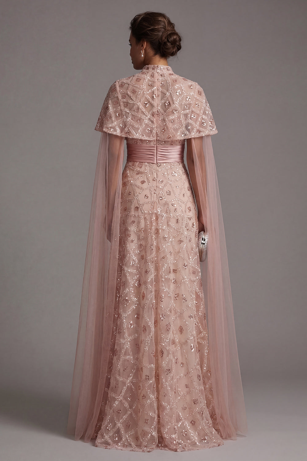 Sparkly Blush Strapless A Line Long Beaded Evening Dress with Cape