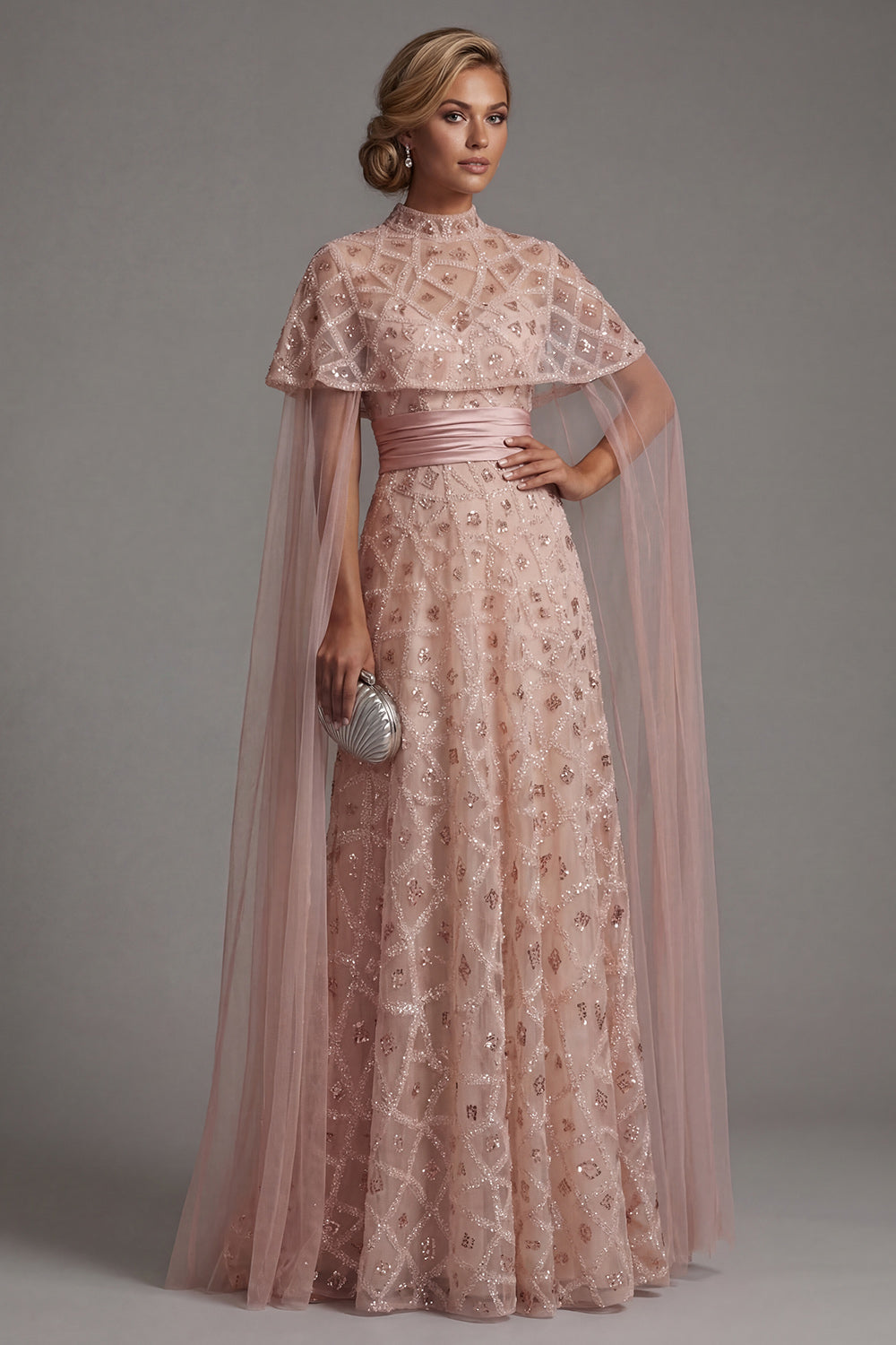 Sparkly Blush Strapless A Line Long Beaded Evening Dress with Cape