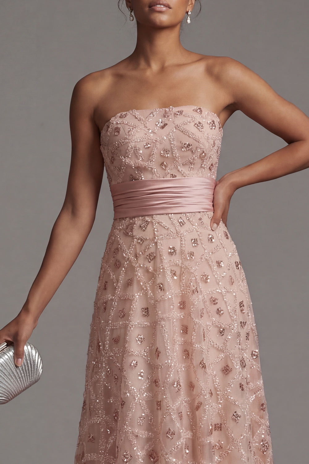 Sparkly Blush Strapless A Line Long Beaded Evening Dress with Cape