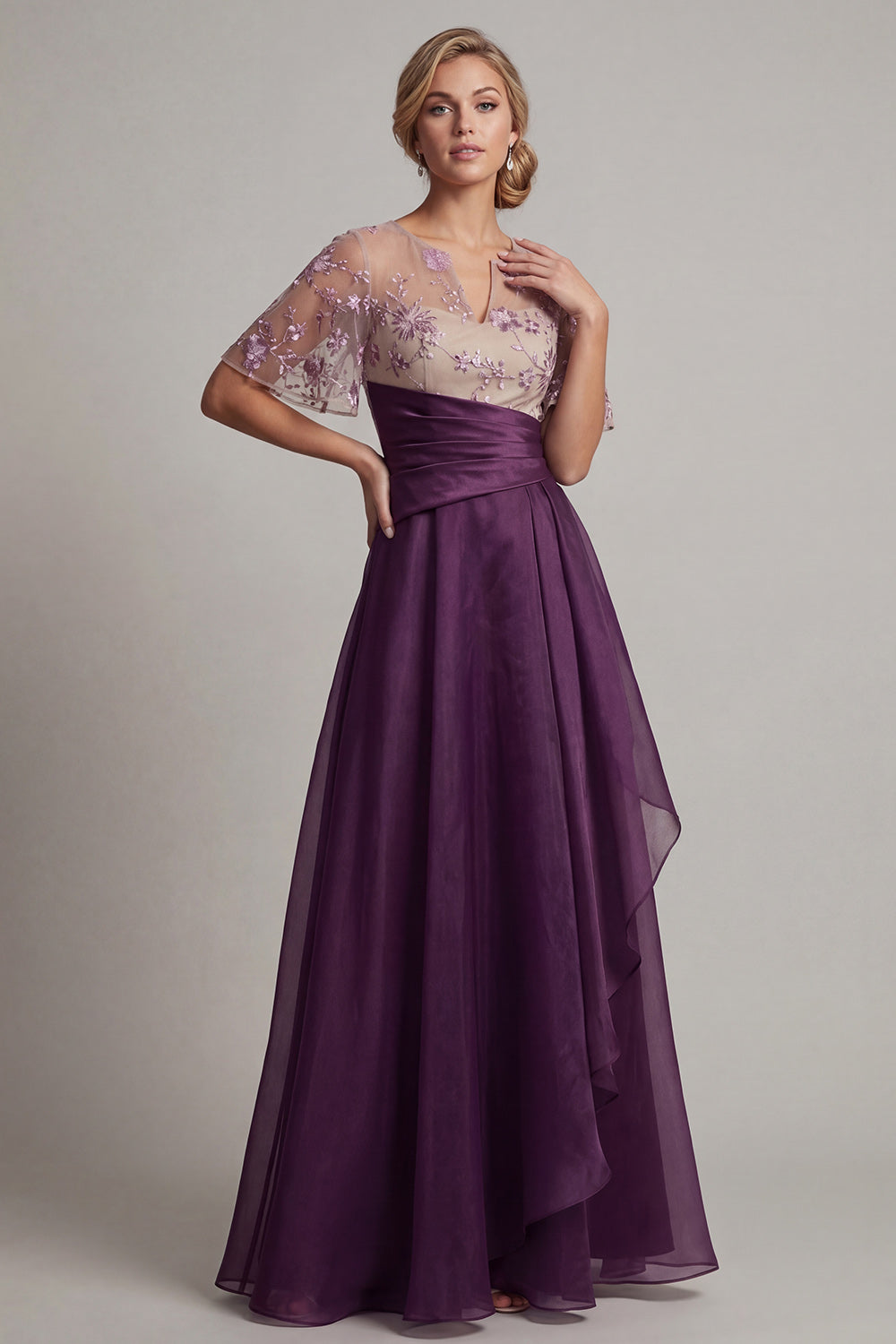 A Line Dark Purple Floral Ruffled Long Evening Dress with Sleeves