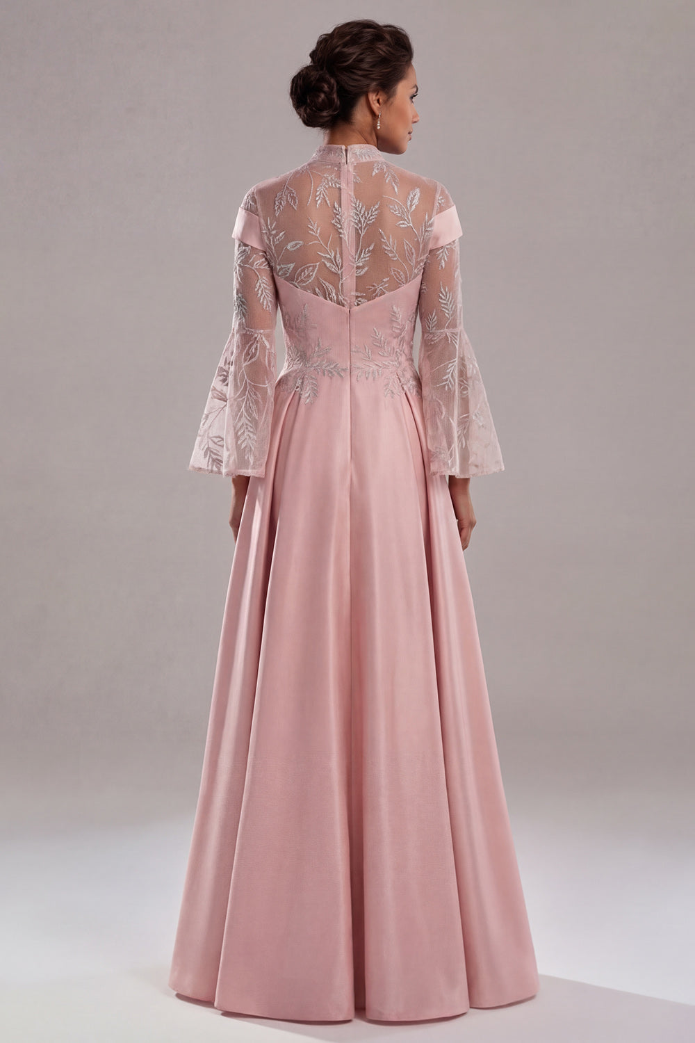 A Line Pink Flare Sleeves Satin Long Evening Dress