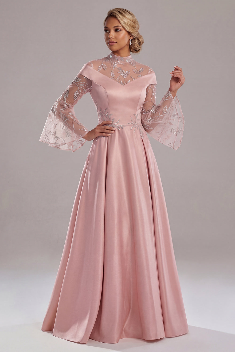 A Line Pink Flare Sleeves Satin Long Evening Dress