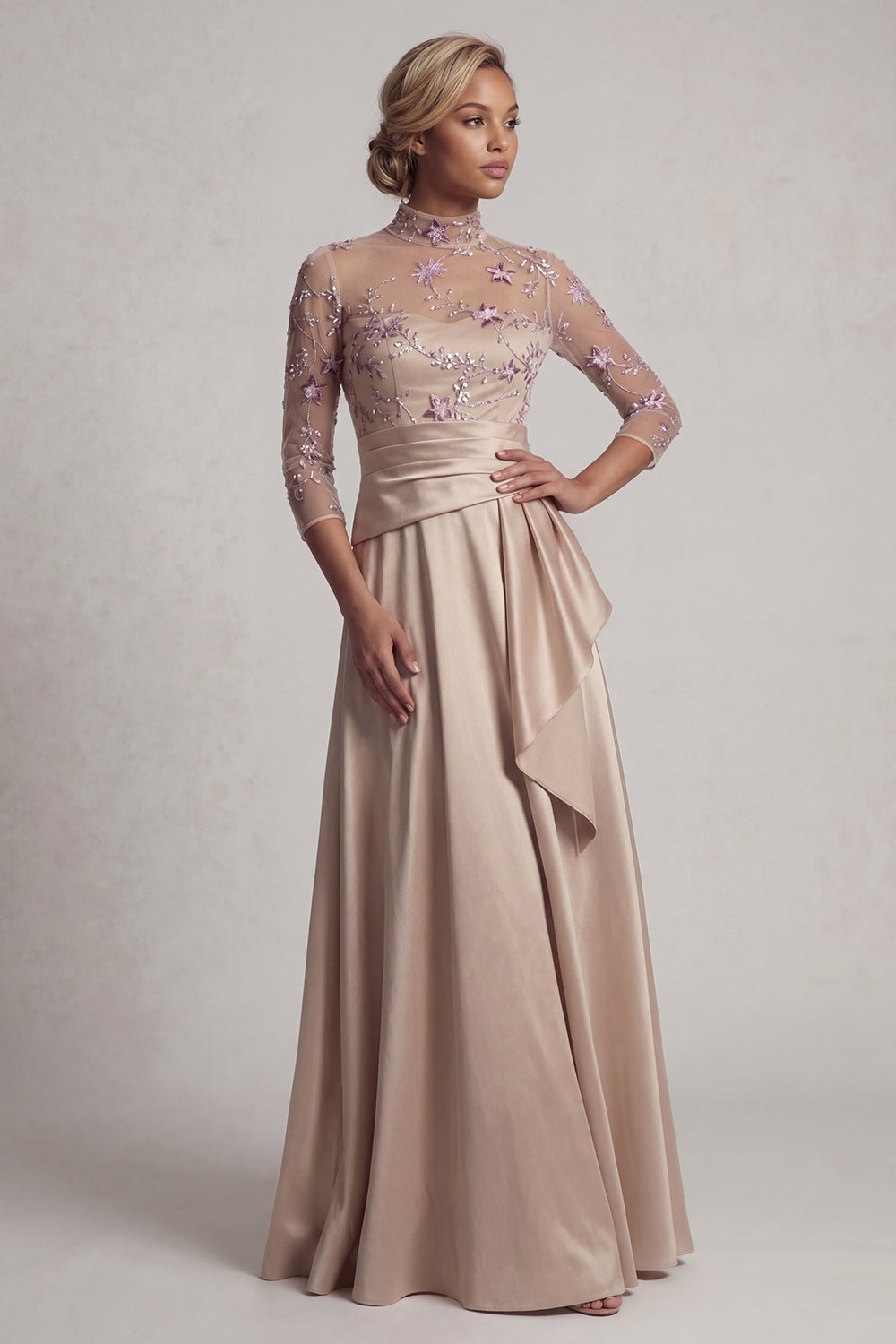A Line Champagne Floral Ruffled Long Evening Dress with Sleeves