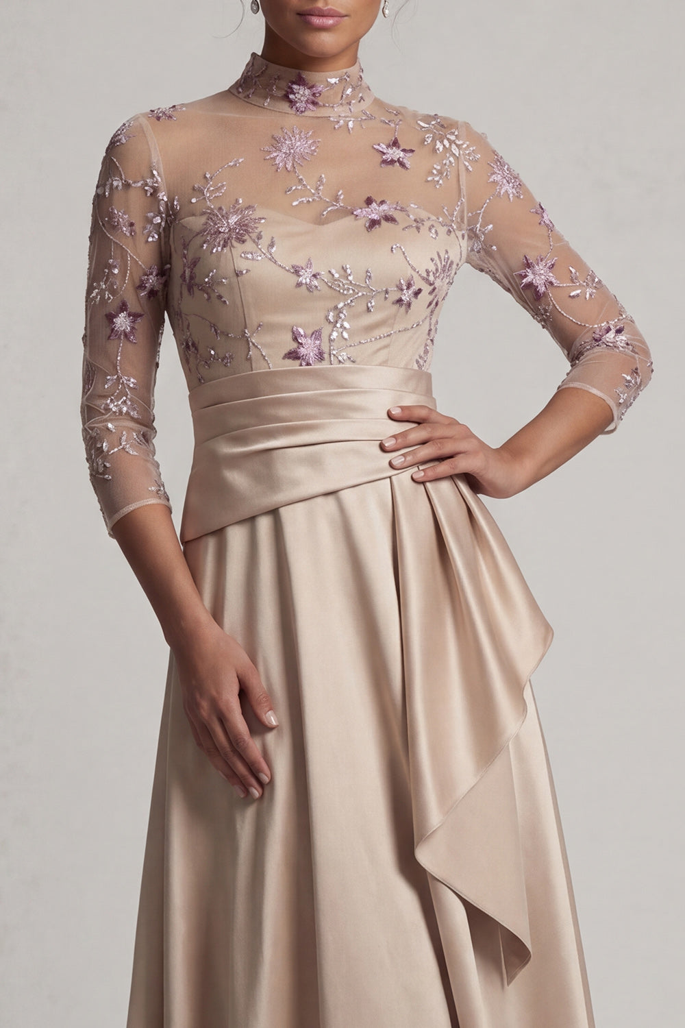 A Line Champagne Floral Ruffled Long Evening Dress with Sleeves