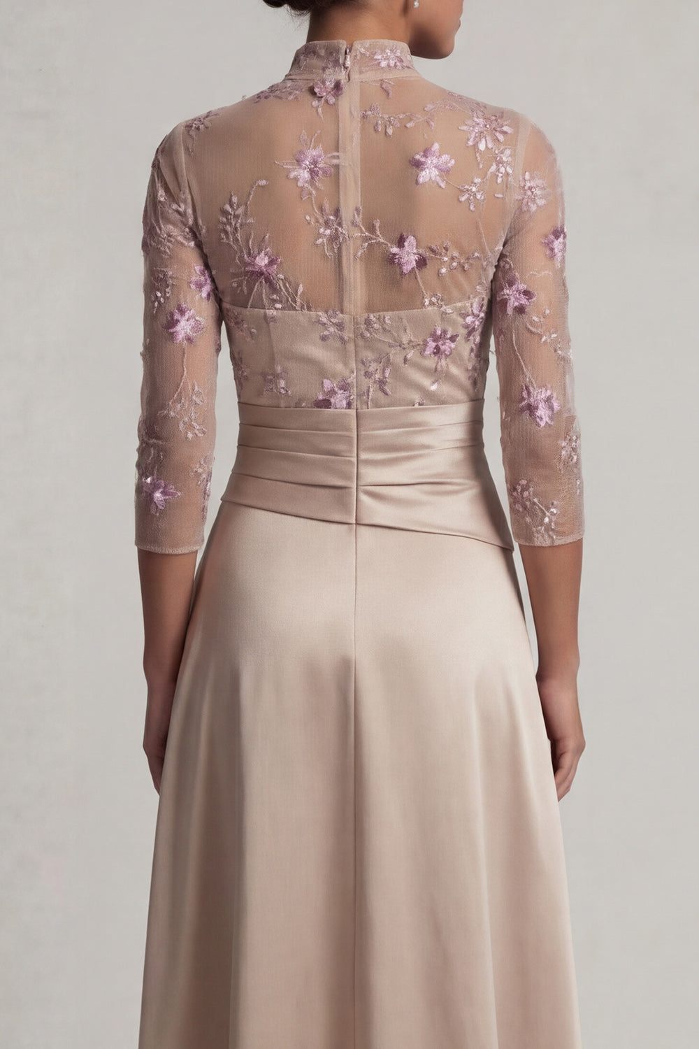 A Line Champagne Floral Ruffled Long Evening Dress with Sleeves