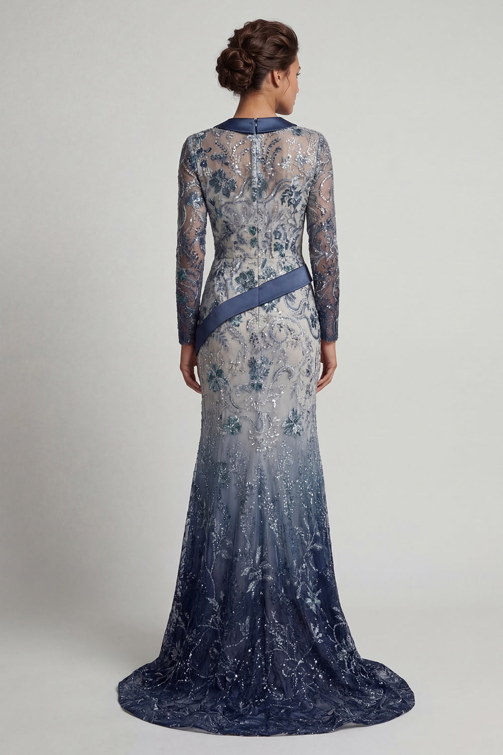 Sparkly Navy Floral V Neck Sequins Mermaid Long Evening Dress