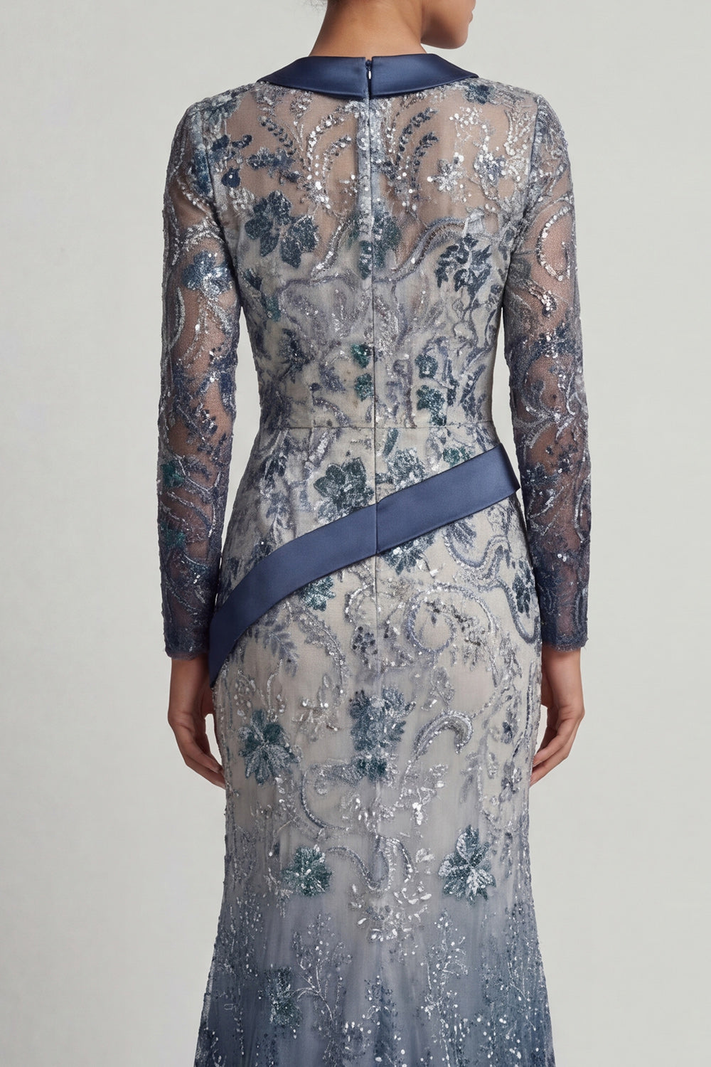 Sparkly Navy Floral V Neck Sequins Mermaid Long Evening Dress