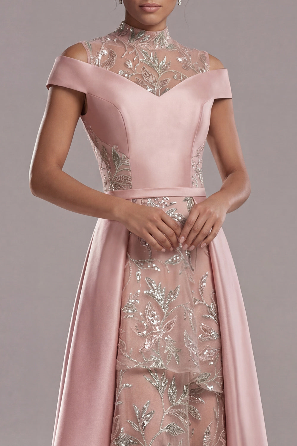 Sparkly Pink A Line High Neck Long Evening Dress