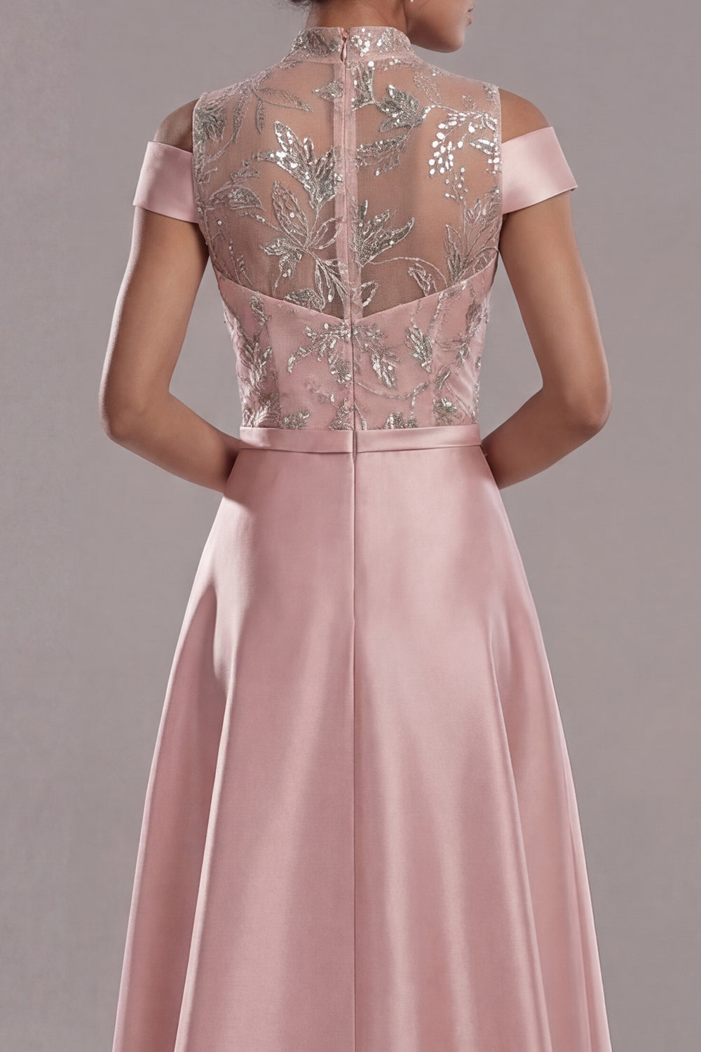 Sparkly Pink A Line High Neck Long Evening Dress