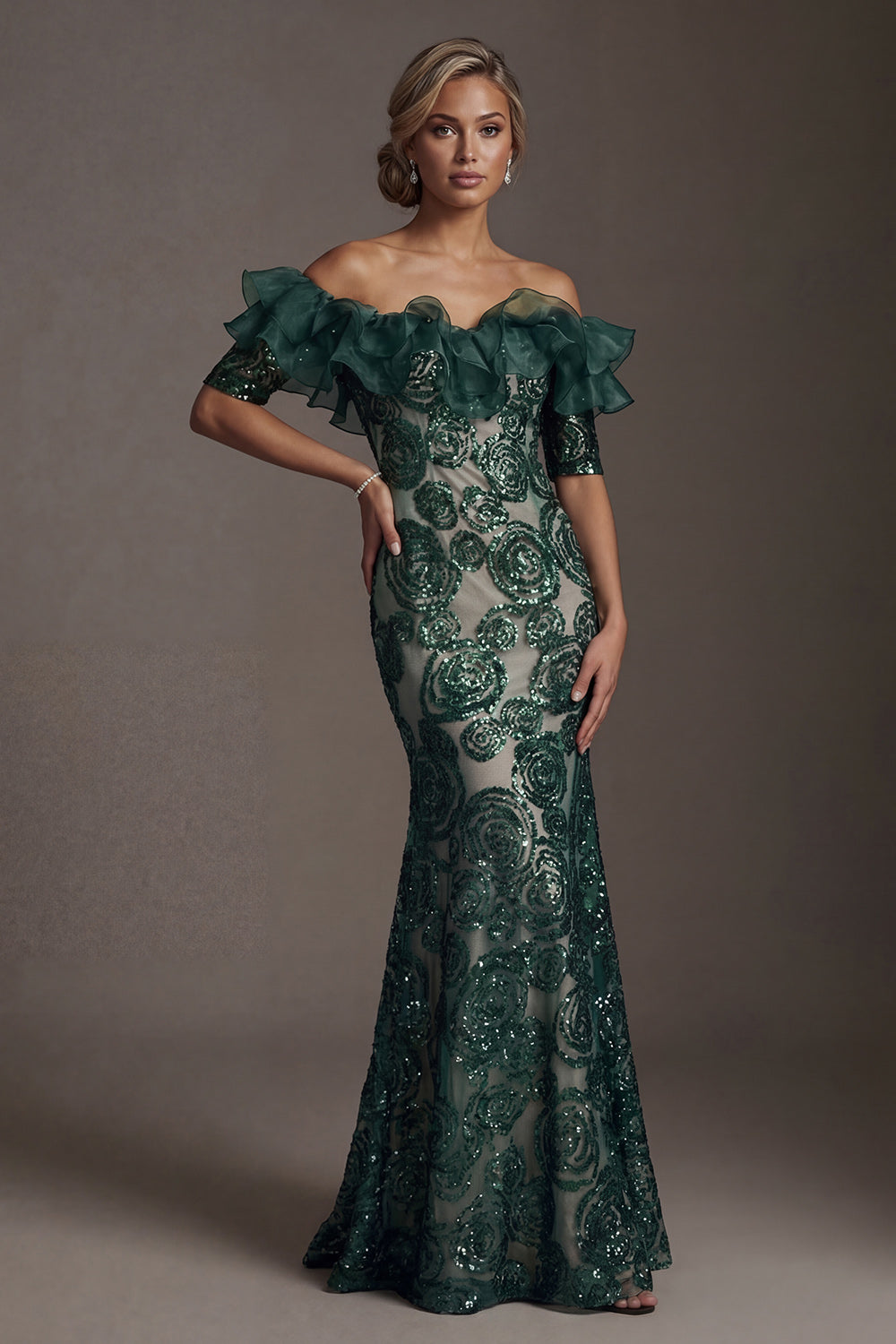 Sparkly Dark Green Sequins Mermaid Long Evening Dress with Ruffles