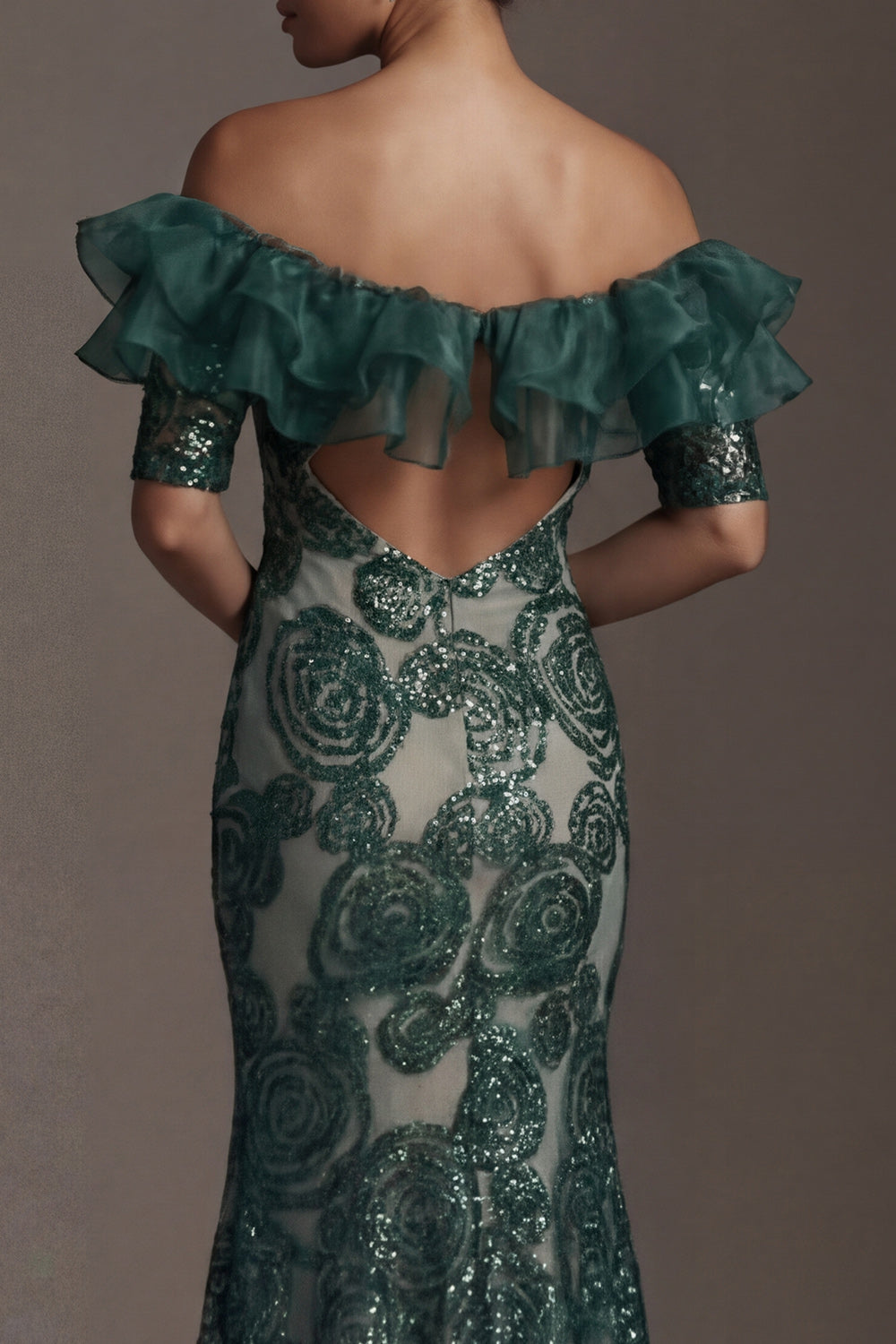 Sparkly Dark Green Sequins Mermaid Long Evening Dress with Ruffles