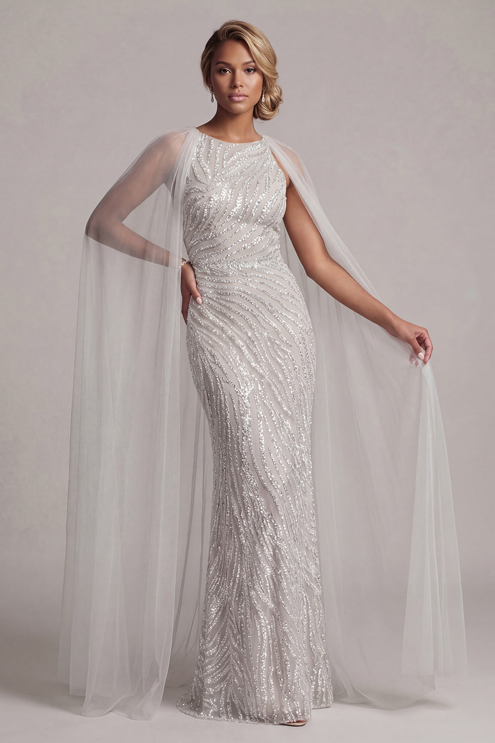 Sparkly Ivory Sequins Round Neck Mermaid Long Evening Dress with Cape
