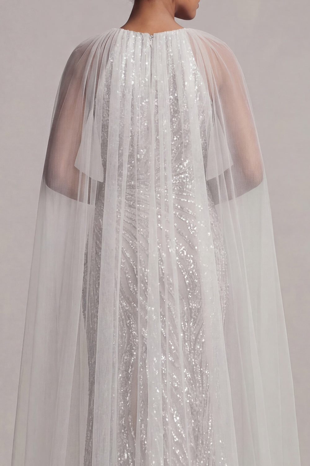 Sparkly Ivory Sequins Round Neck Mermaid Long Evening Dress with Cape