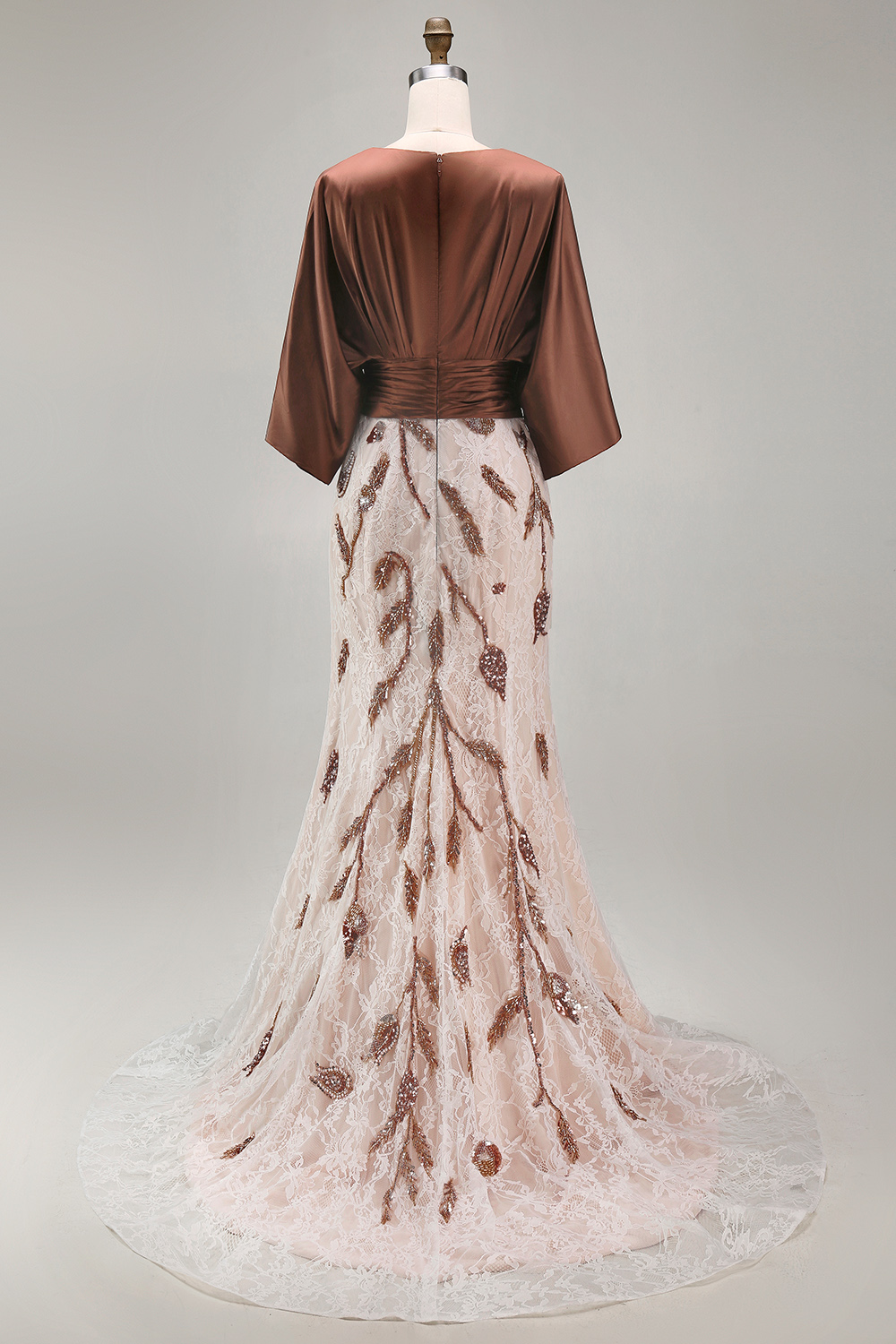 Mermaid Coffee Lace Boat Neck Ruched Long Evening Dress