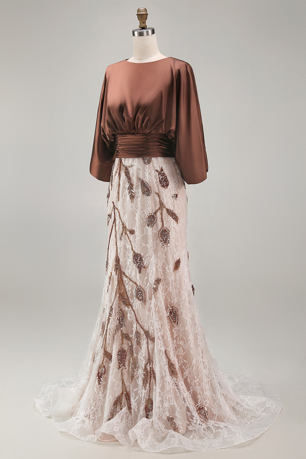 Mermaid Coffee Lace Boat Neck Ruched Long Evening Dress
