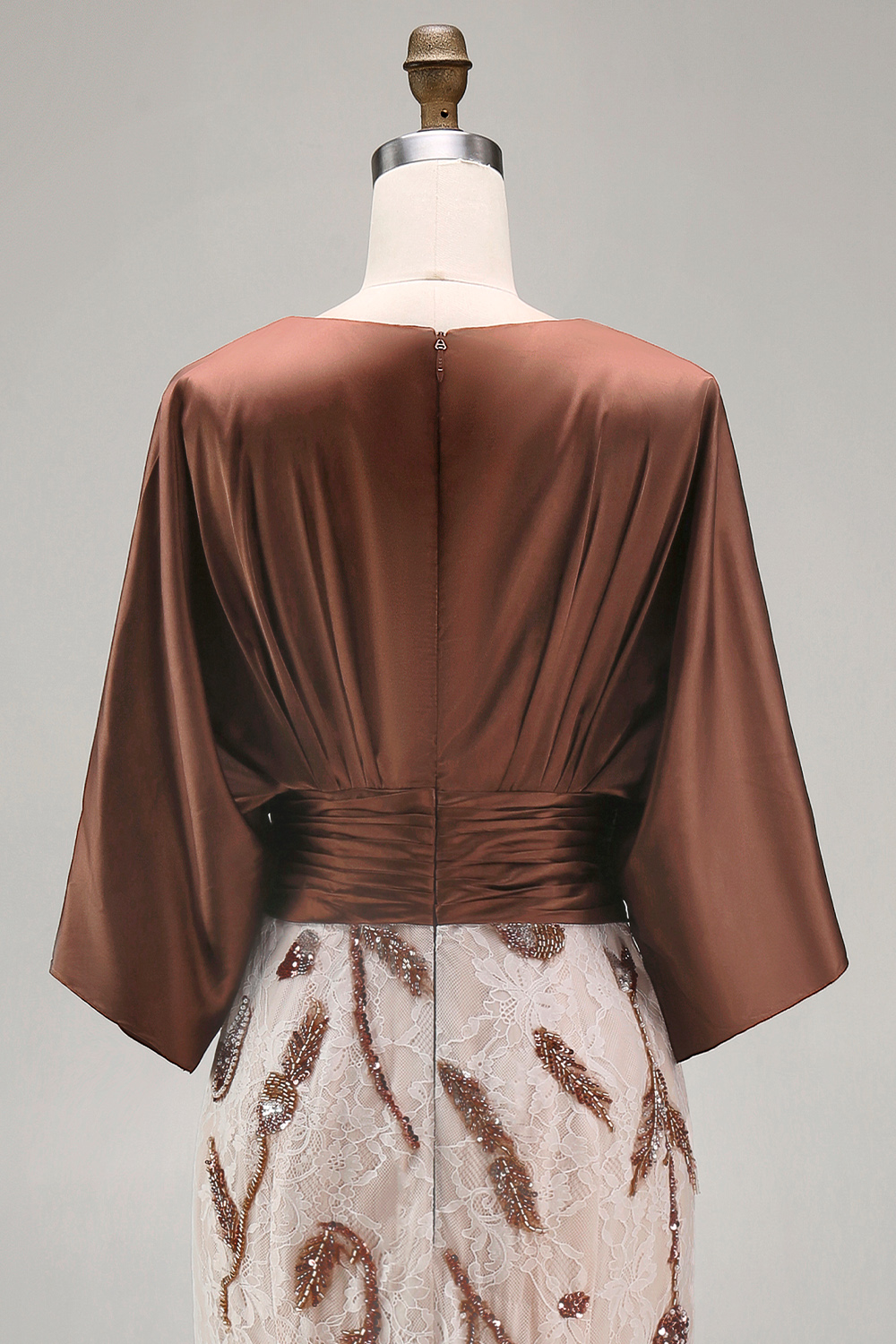 Mermaid Coffee Lace Boat Neck Ruched Long Evening Dress
