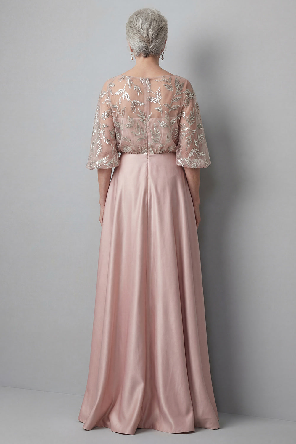 A Line Blush Satin Boat Neck Long Floral Evening Dress with Pockets