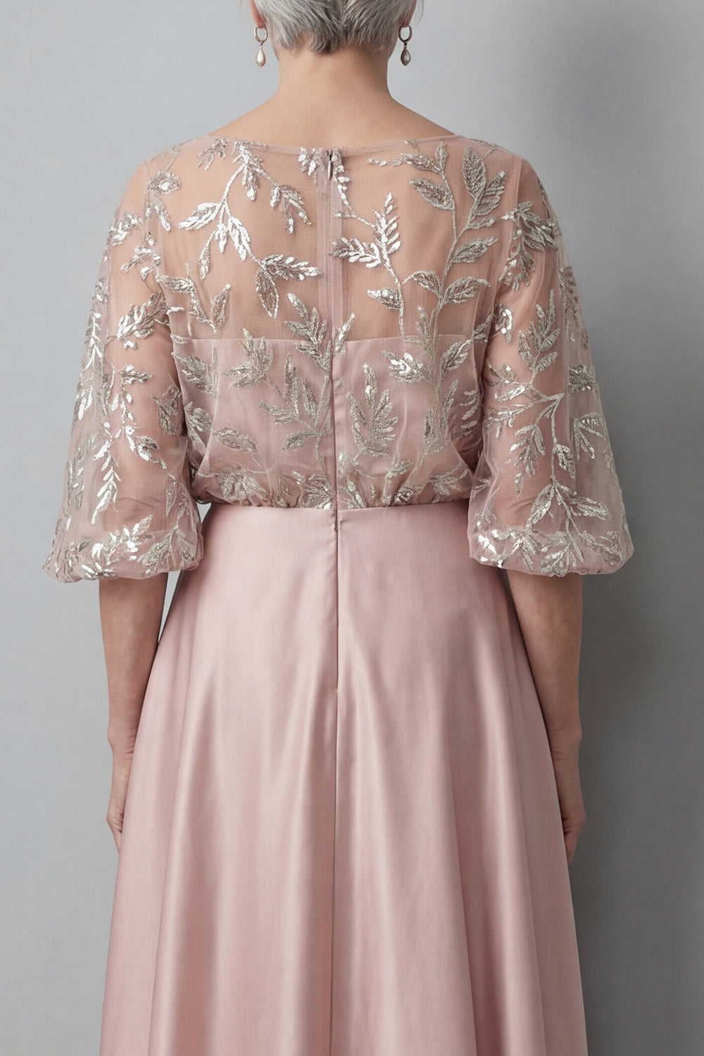 A Line Blush Satin Boat Neck Long Floral Evening Dress with Pockets