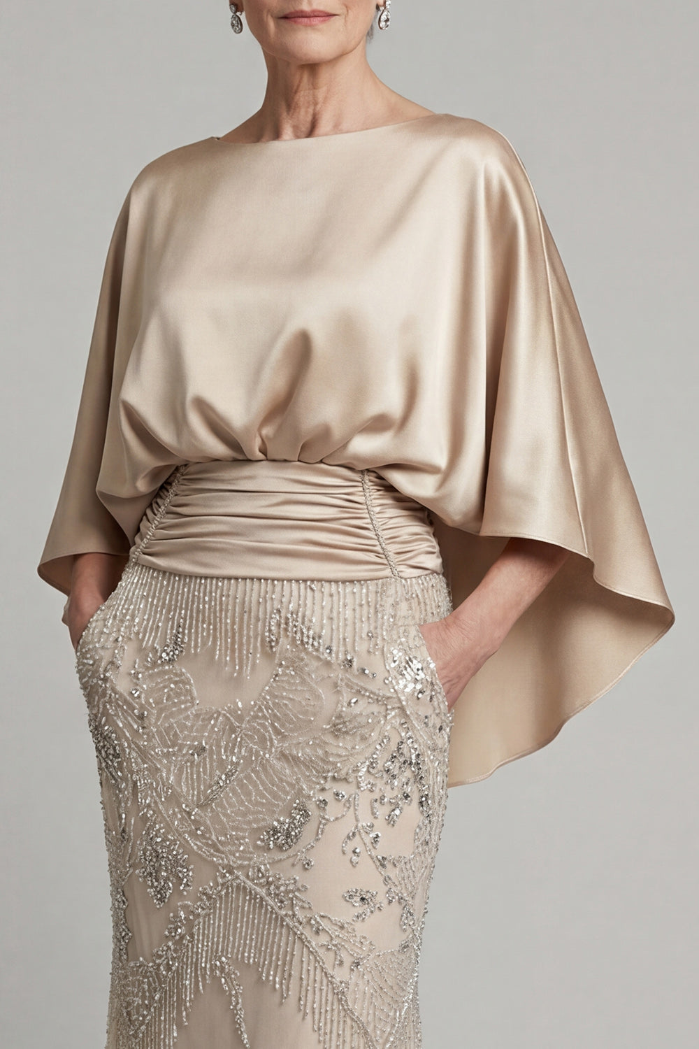 Sparkly Champagne Beaded Mermaid Long Evening Dress with Pockets