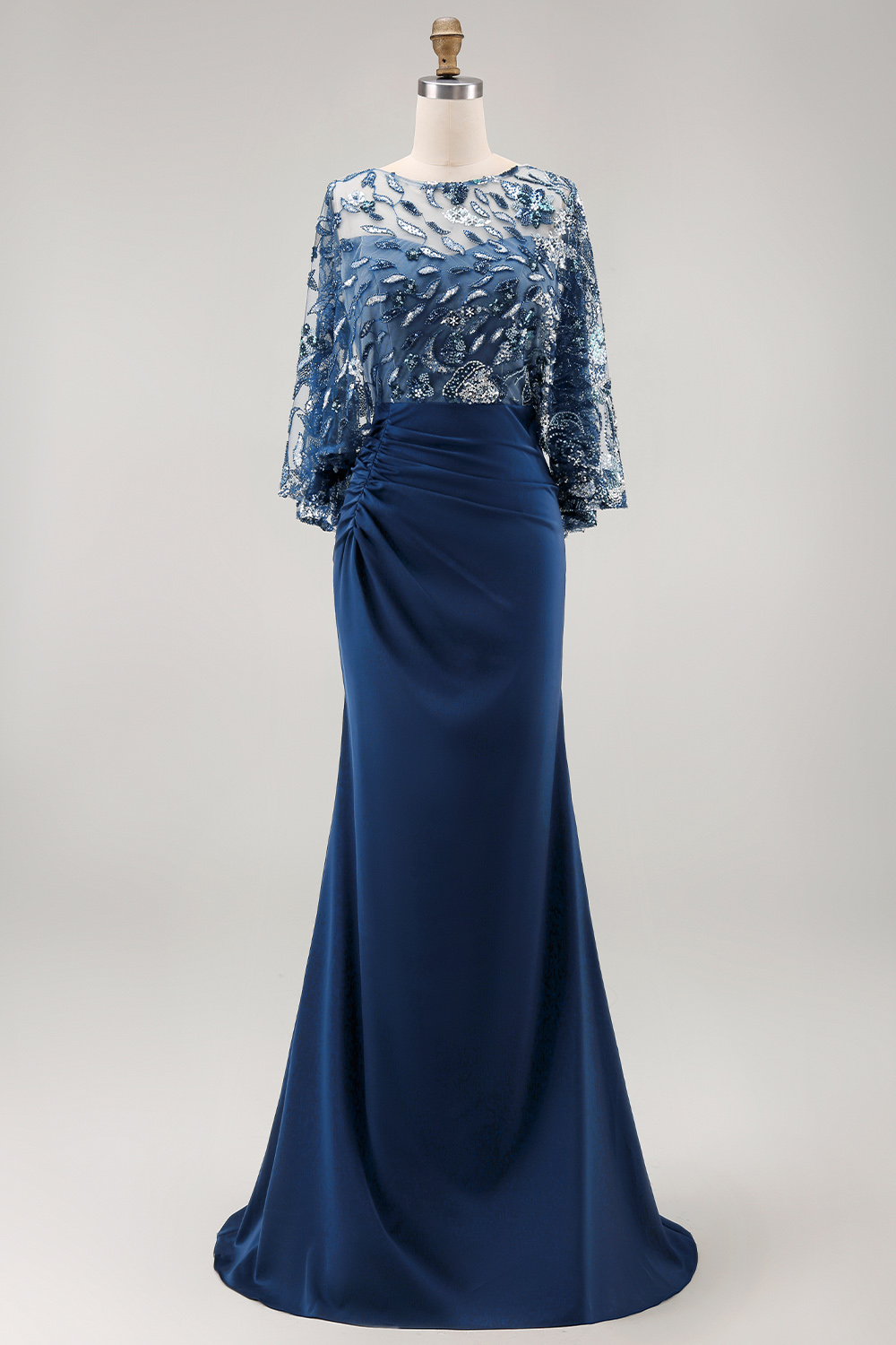 Sparkly Floral Navy Mermaid Long Evening Dress with Sequins