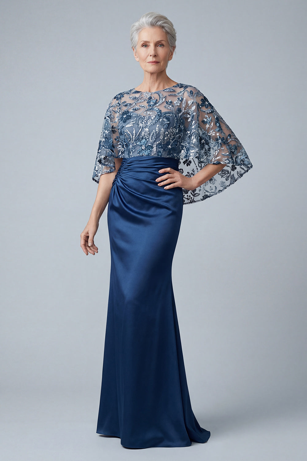 Sparkly Floral Navy Mermaid Long Evening Dress with Sequins
