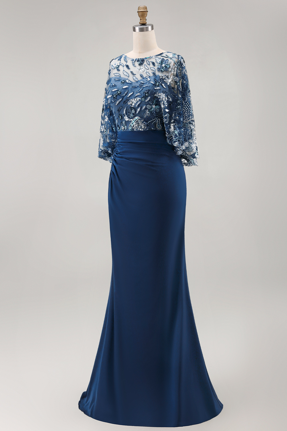 Sparkly Floral Navy Mermaid Long Evening Dress with Sequins