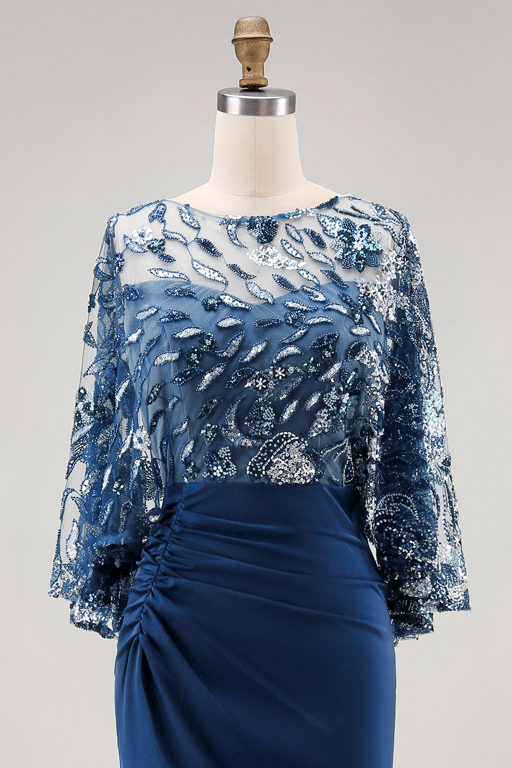 Sparkly Floral Navy Mermaid Long Evening Dress with Sequins