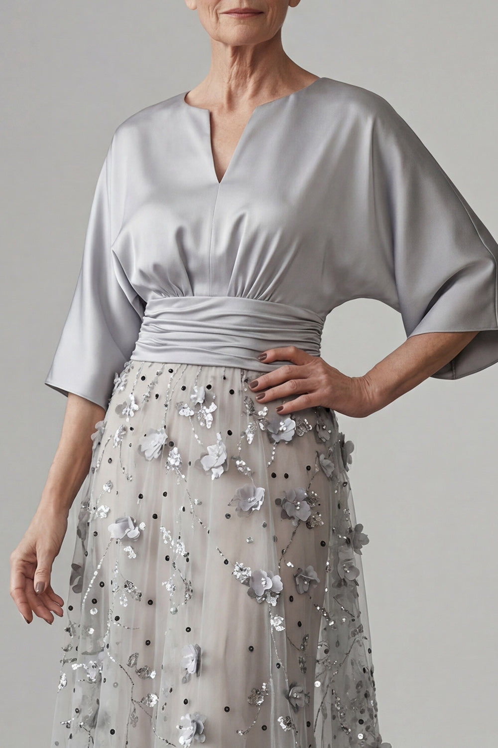 Sparkly Silver A Line Floral Long Evening Dress with Sequins