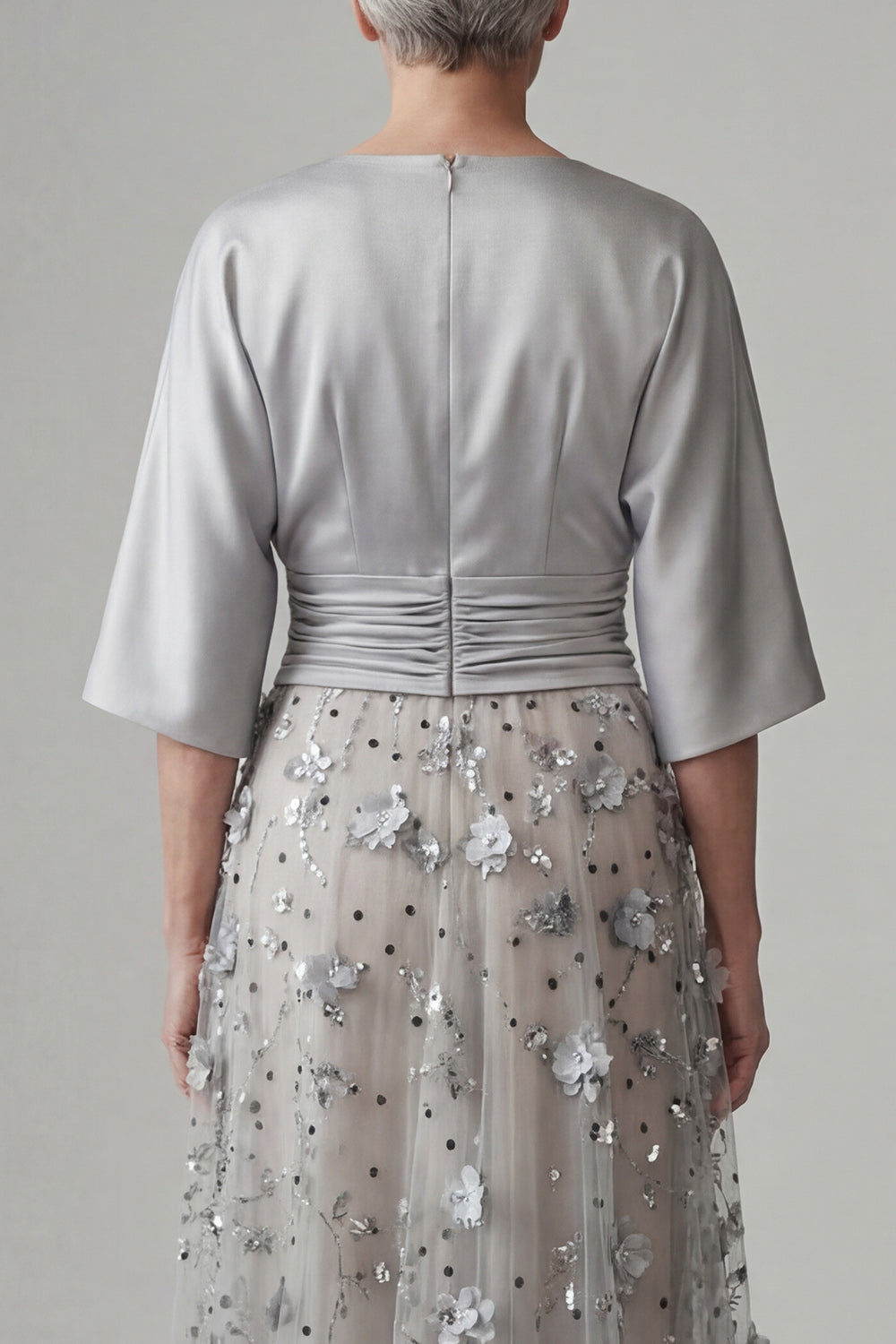 Sparkly Silver A Line Floral Long Evening Dress with Sequins